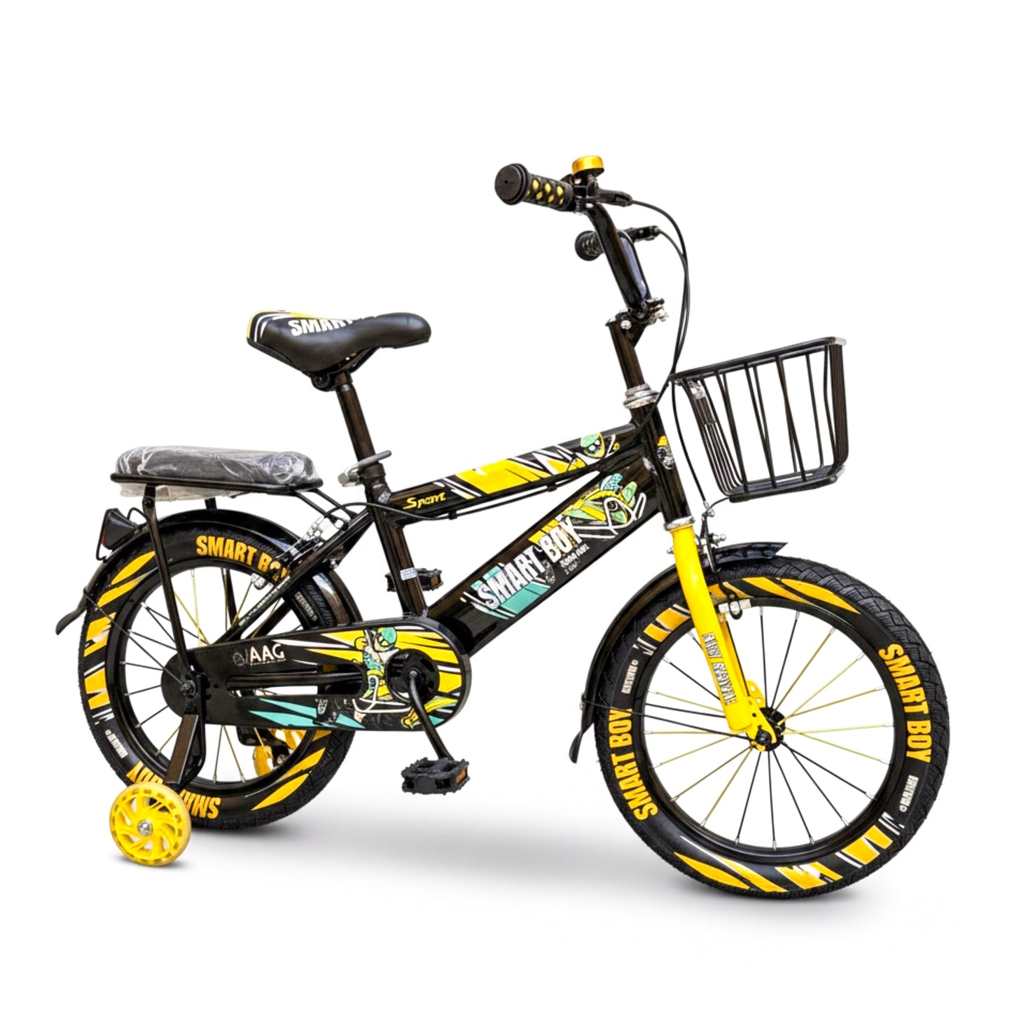 Kids 16 Inch Bicycle – Front Basket, Rear Padded Seat, Chain Guard, Light-Up Training Wheels & Adjustable Quick-Release Seat – For Ages 4–7 Years yellow