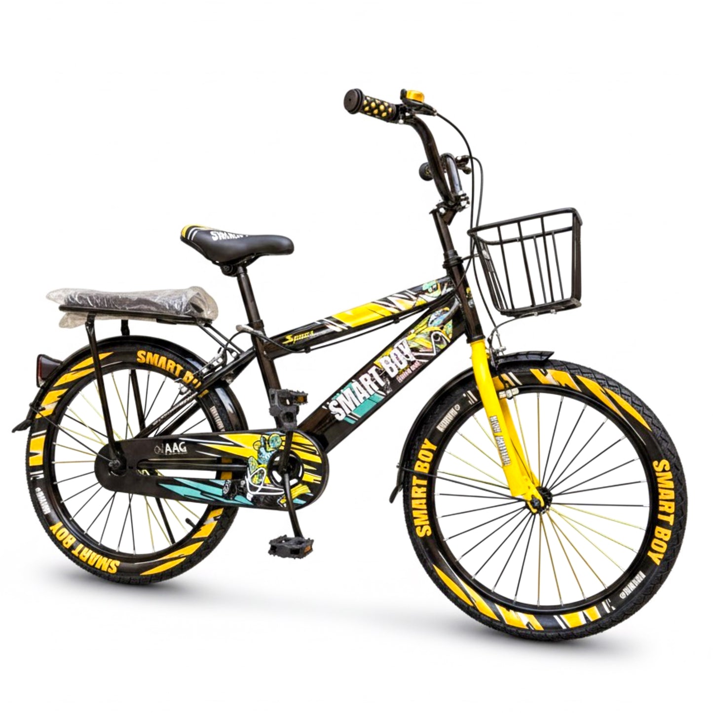 Kids 20 Inch Bicycle – Front Basket, Rear Padded Seat, Chain Guard, Light-Up Training Wheels & Adjustable Quick-Release Seat – For Ages 6–10 Years yellow