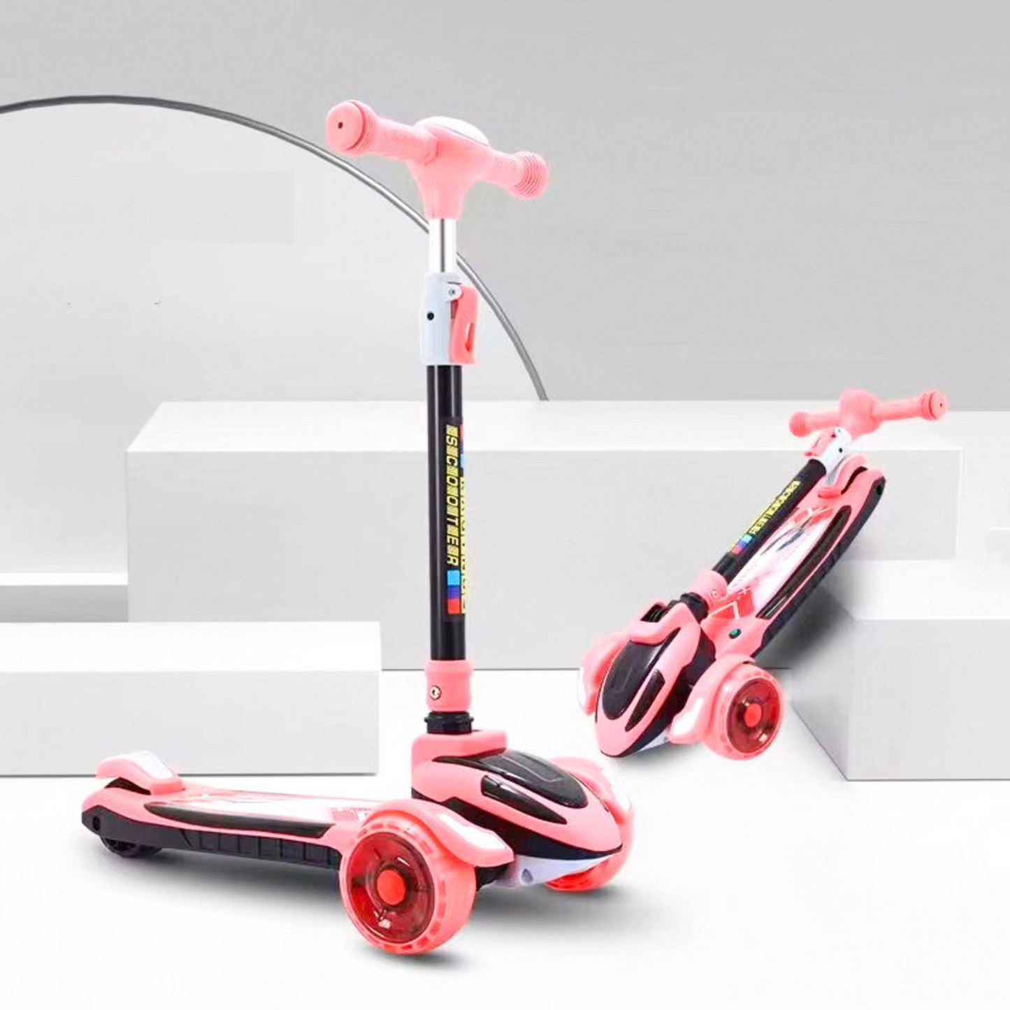 Kids scooter with music and light on the deck and wheels, adjustable height suitable for outdoor activities for boys and girls aged 3 to 12 years