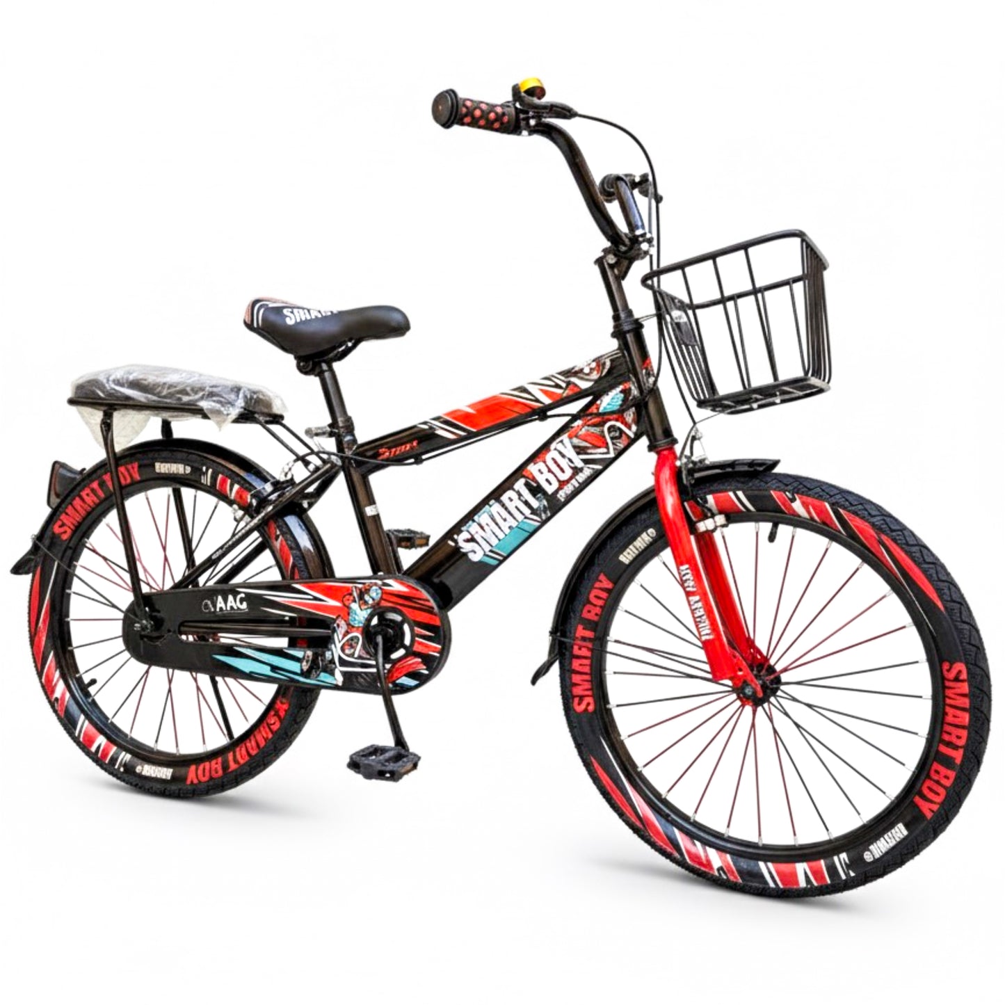 Kids 20 Inch Bicycle – Front Basket, Rear Padded Seat, Chain Guard, Light-Up Training Wheels & Adjustable Quick-Release Seat – For Ages 6–10 Years red