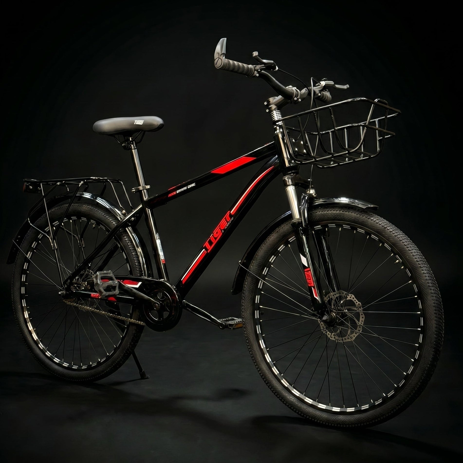 26 Inch Multi-Purpose Bicycle – Disc Brakes – Front Suspension – Front Basket & Rear Carrier – Metal Mudguards – Suitable for 150–180 cm Height Red