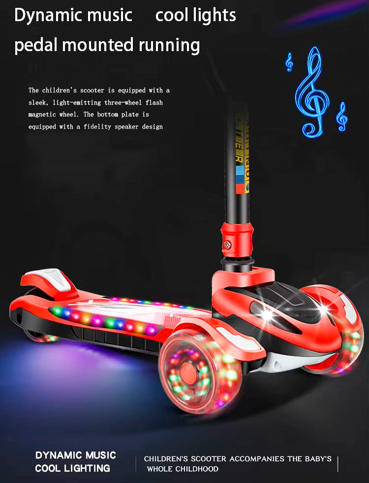 Kids scooter with music and light on the deck and wheels, adjustable height suitable for outdoor activities for boys and girls aged 3 to 12 years