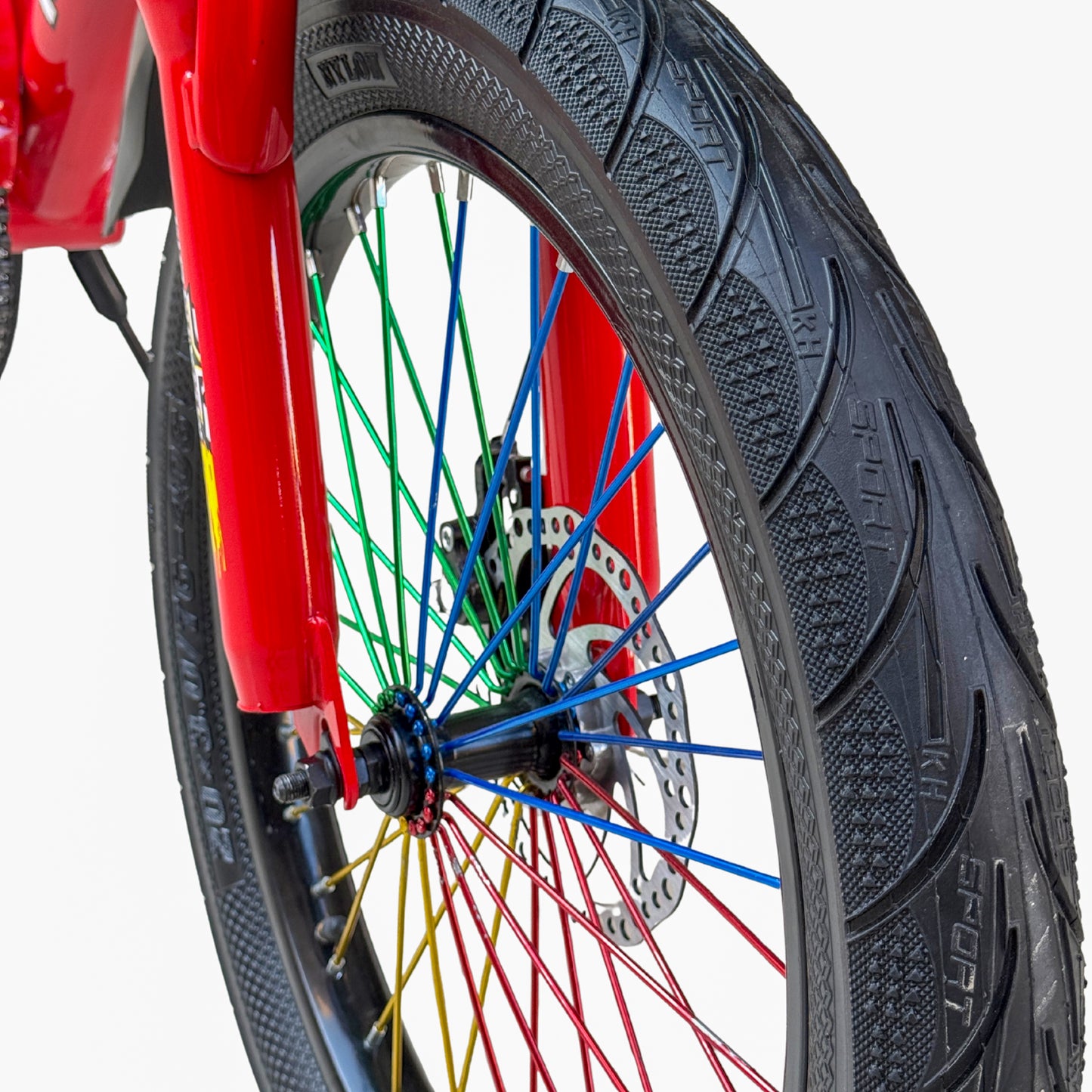 BMX 20 Inch Bike for Kids & Teens (Ages 6–15) – Front Suspension, Disc Brake, Front Basket, Color Spokes & Rear Comfortable Seat red