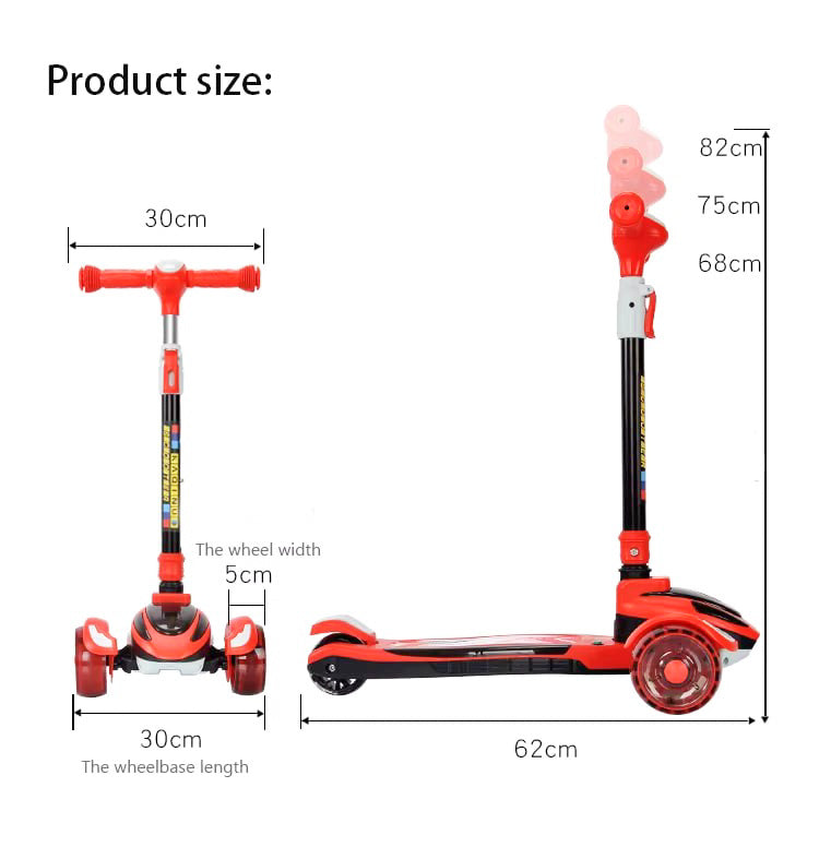 Kids scooter with music and light on the deck and wheels, adjustable height suitable for outdoor activities for boys and girls aged 3 to 12 years