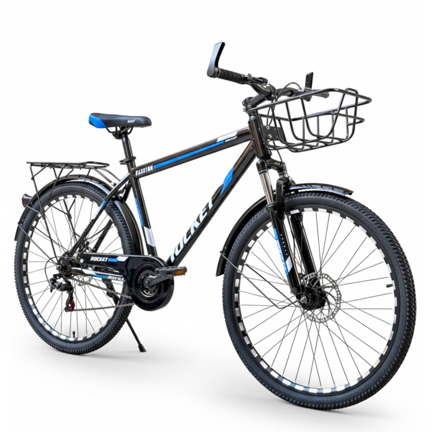26” Single-Speed Bicycle – Front Suspension + Disc Brake – Internal Cable Frame – Front Basket & Rear Seat – Metal Mudguards blue