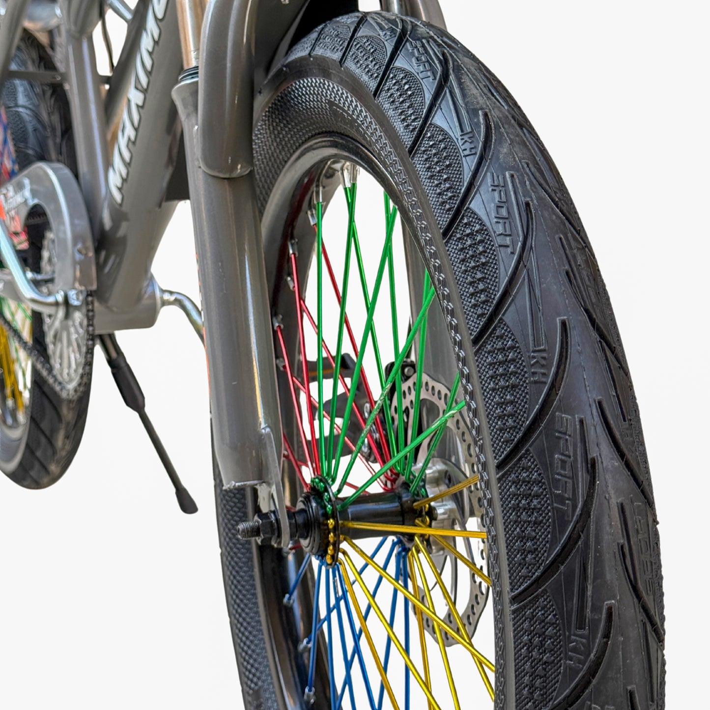 BMX 20 Inch Bike for Kids & Teens (Ages 6–15) – Front Suspension, Disc Brake, Front Basket, Color Spokes & Rear Comfortable Seat silver