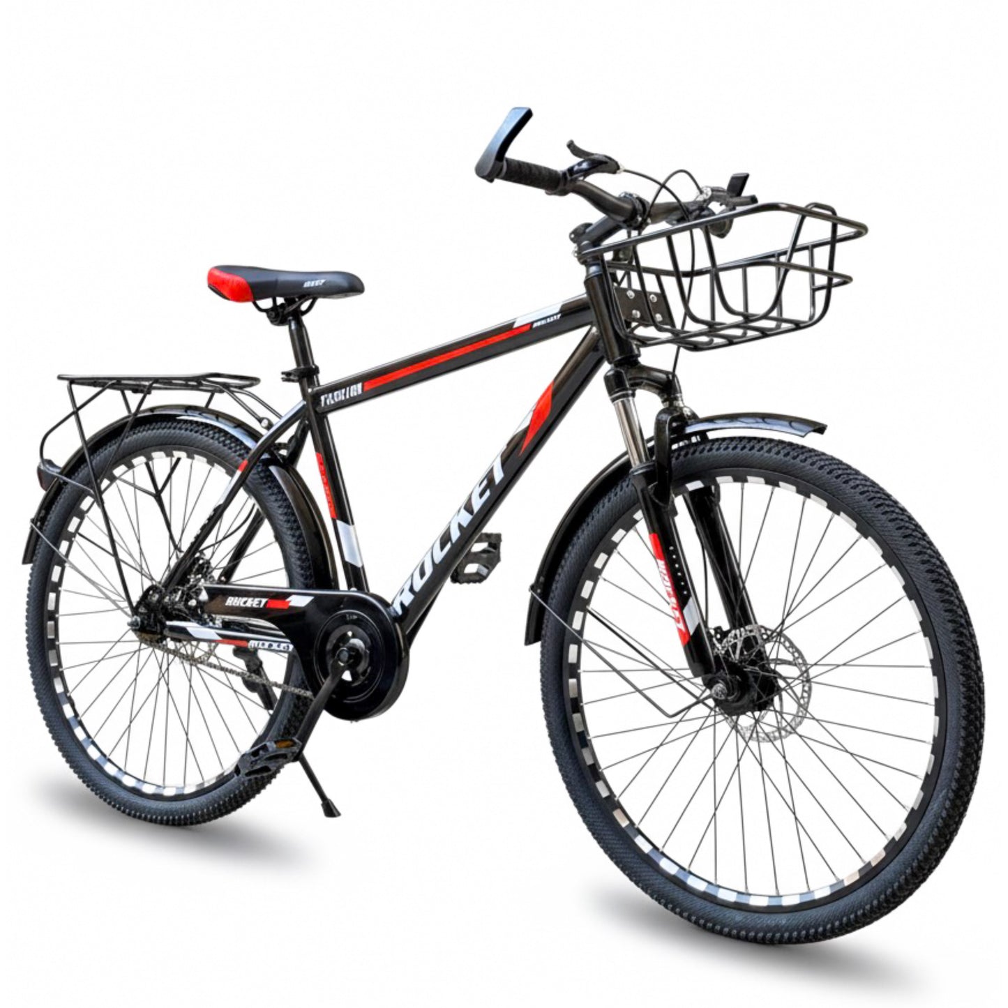 26” Single-Speed Bicycle – Front Suspension + Disc Brake – Internal Cable Frame – Front Basket & Rear Seat – Metal Mudguards red