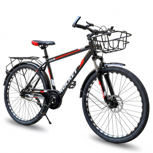 26” Single-Speed Bicycle – Front Suspension + Disc Brake – Internal Cable Frame – Front Basket & Rear Seat – Metal Mudguards red
