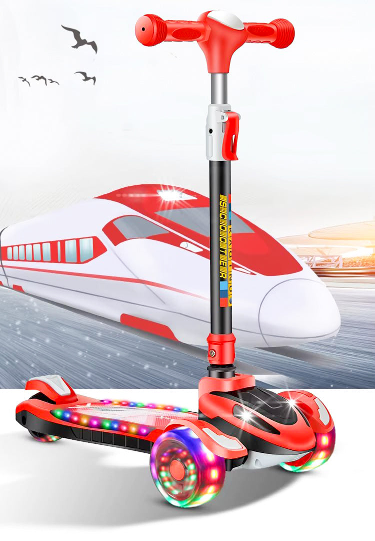 Kids scooter with music and light on the deck and wheels, adjustable height suitable for outdoor activities for boys and girls aged 3 to 12 years