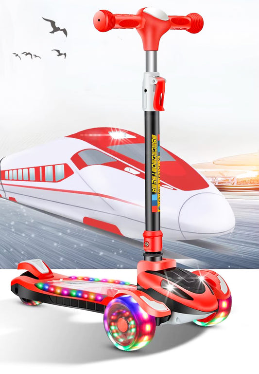 Kids scooter with music and light on the deck and wheels, adjustable height suitable for outdoor activities for boys and girls aged 3 to 12 years