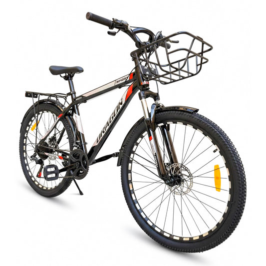 26 Inch Bicycle – 21 Speed, Front Suspension, Disc Brakes, Front Basket & Rear Seat, Quick Release Seat black