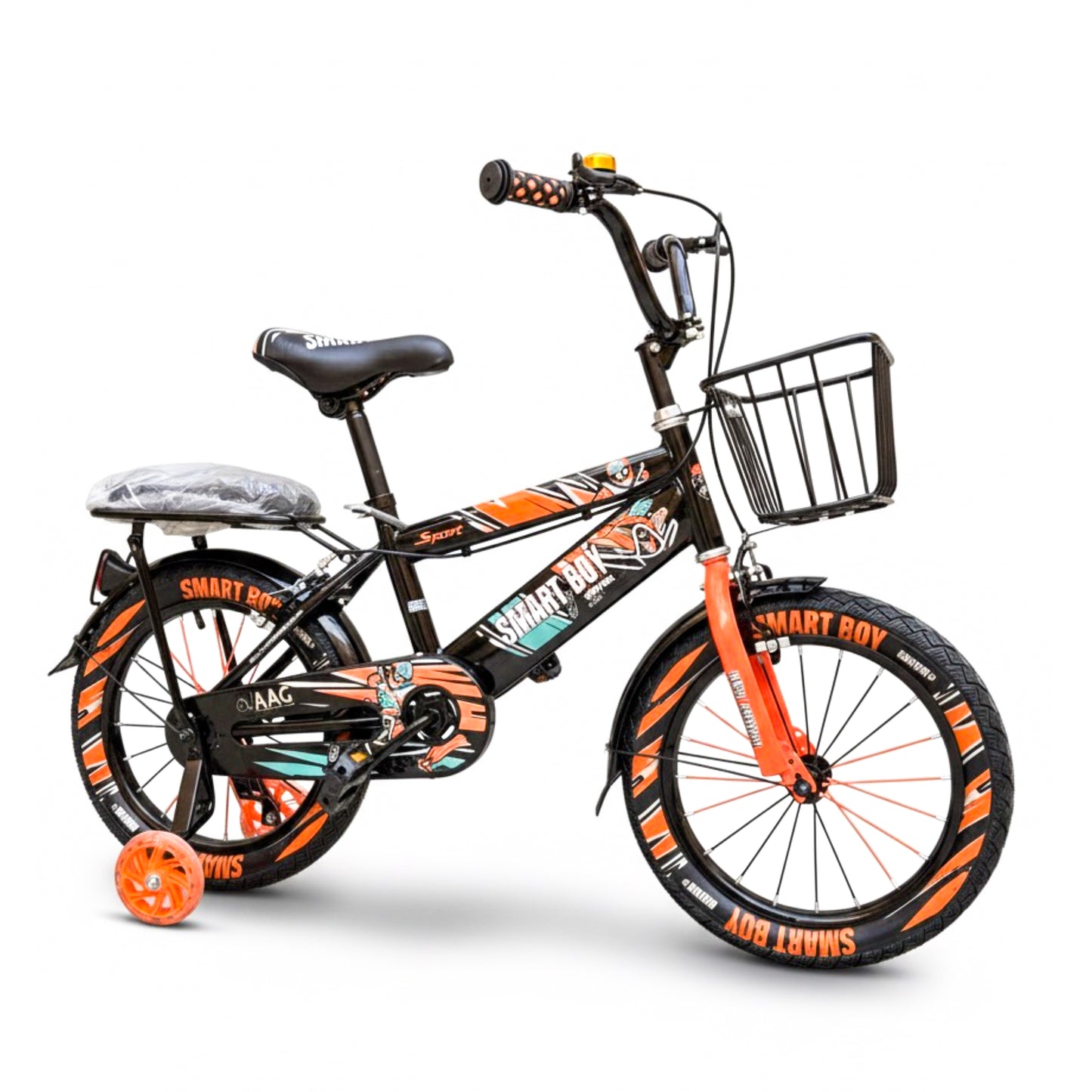 Kids 16 Inch Bicycle – Front Basket, Rear Padded Seat, Chain Guard, Light-Up Training Wheels & Adjustable Quick-Release Seat – For Ages 4–7 Years orange