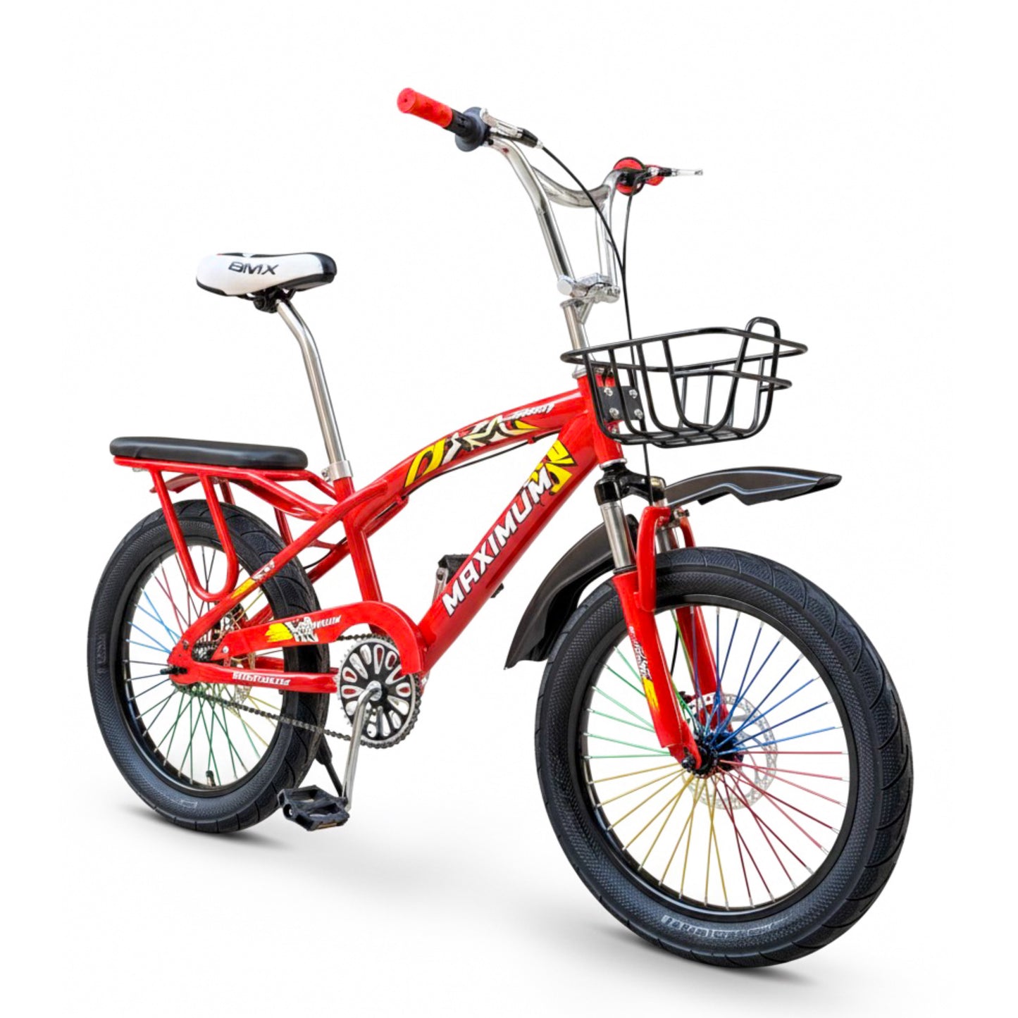 BMX 20 Inch Bike for Kids & Teens (Ages 6–15) – Front Suspension, Disc Brake, Front Basket, Color Spokes & Rear Comfortable Seat red