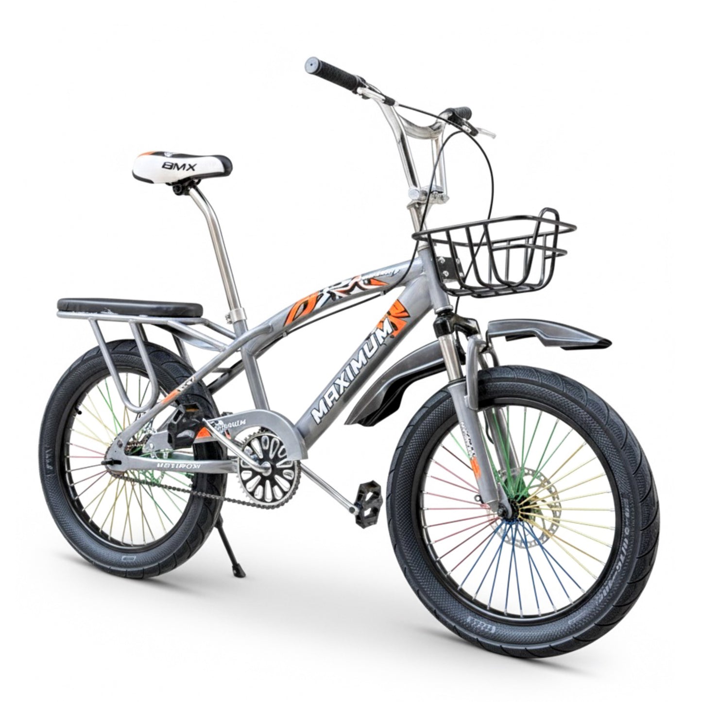 BMX 20 Inch Bike for Kids & Teens (Ages 6–15) – Front Suspension, Disc Brake, Front Basket, Color Spokes & Rear Comfortable Seat silver