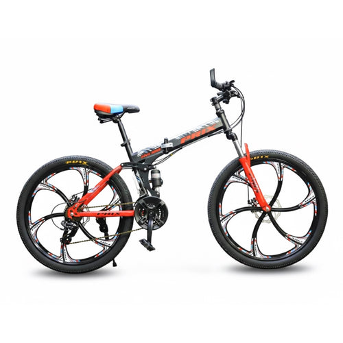 26” Folding Mountain Bike – 21 Speeds – Dual Suspension – Alloy Rims – red