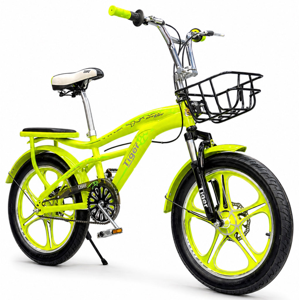 BMX Bike 20” – Strong Frame – Sport Rims – Front Basket – Rear Seat – Wide Tires Lime Green
