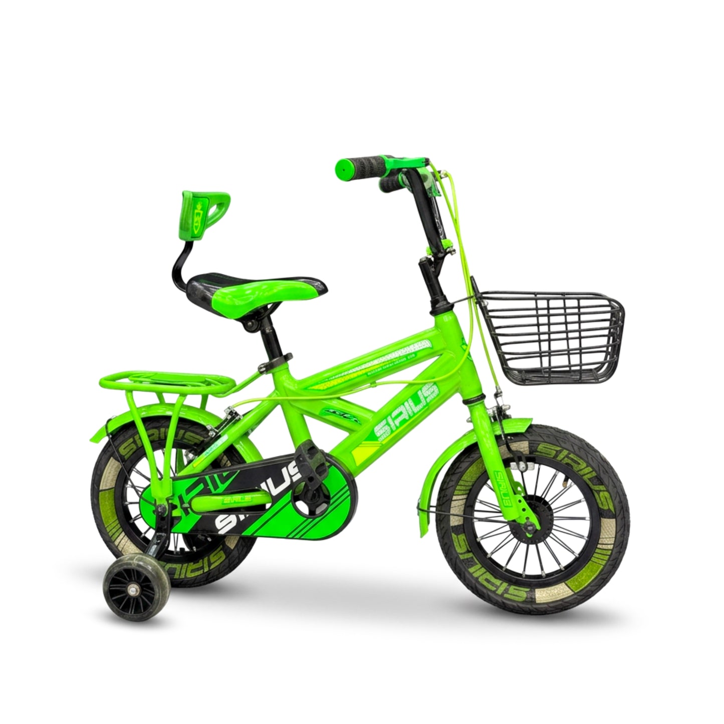 Series 12” Kids Bicycle – Heavy-Duty Frame with Front Basket & Backrest Seat – Safe & Stable Ride green