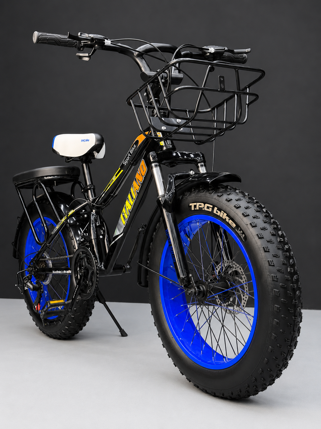 Italiano 20-Inch Kids Fat Bike – 21-Speed Shimano – Disc Brakes – Front Suspension – Front Basket & Rear Padded Seat
