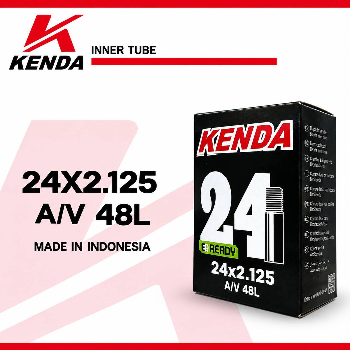 أنبوب داخلي لإطارات الدراجات من كيندا (KENDA) مقاس 24×2.125 مع صمام شرادر (A/V) بطول 48 مم – صنع في إندونيسيا
