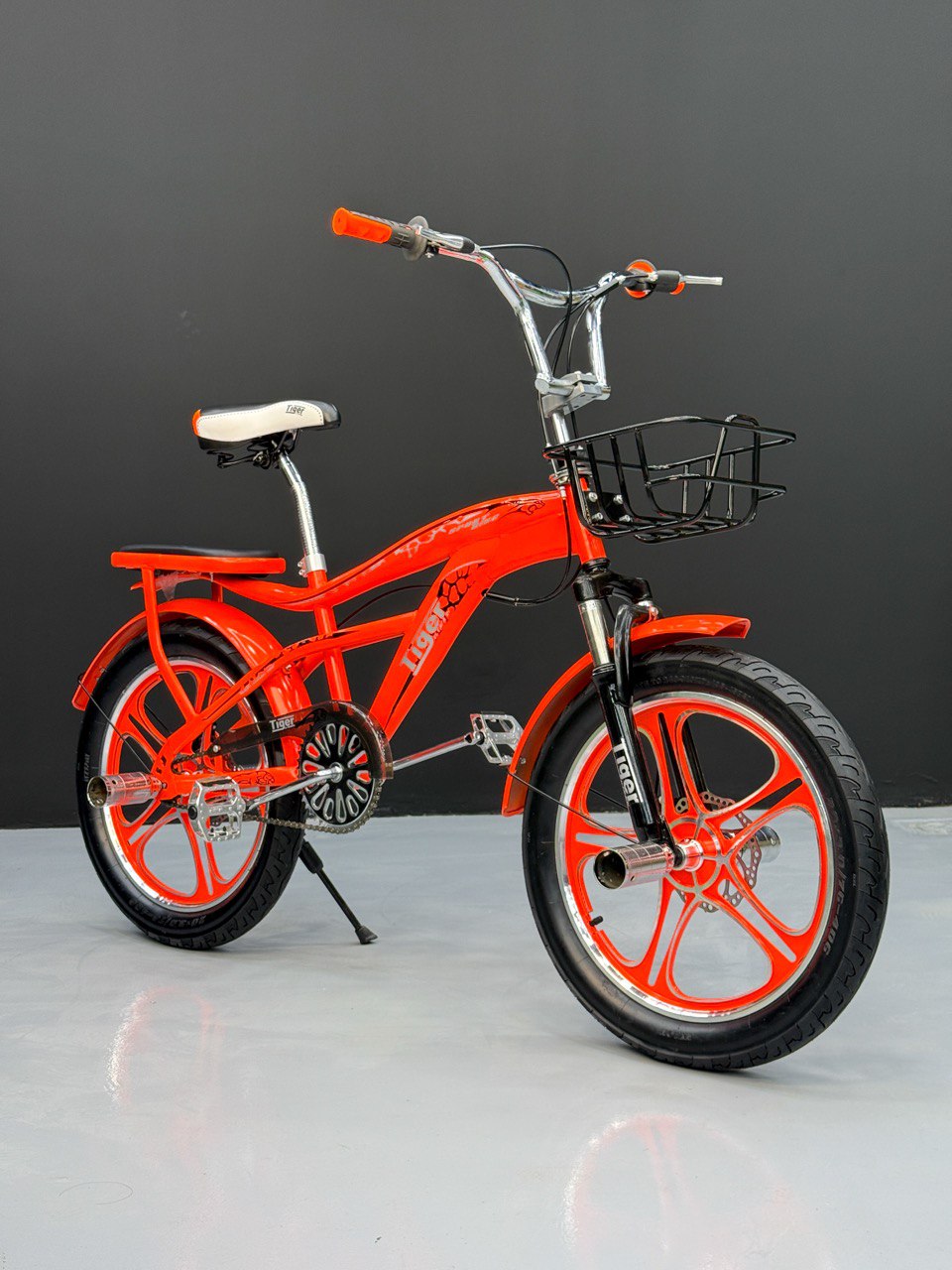 BMX Bike 20” – Strong Frame – Sport Rims – Front Basket – Rear Seat – Wide Tires Orange