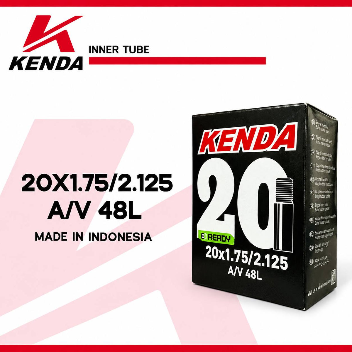 أنبوب داخلي لإطار دراجة من كيندا مقاس 20×1.75/2.125 مع صمام شريدر (A/V) مقاس 48 مم – صنع في إندونيسيا