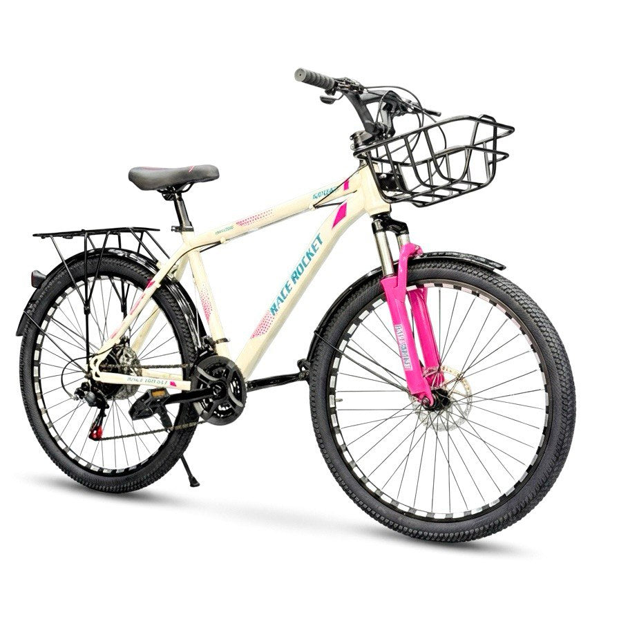 Race Rocket 26" Mountain & City Bike – 21 Speeds, Front Suspension, Disc Brakes – White & Pink (Fits 150cm to 180cm)