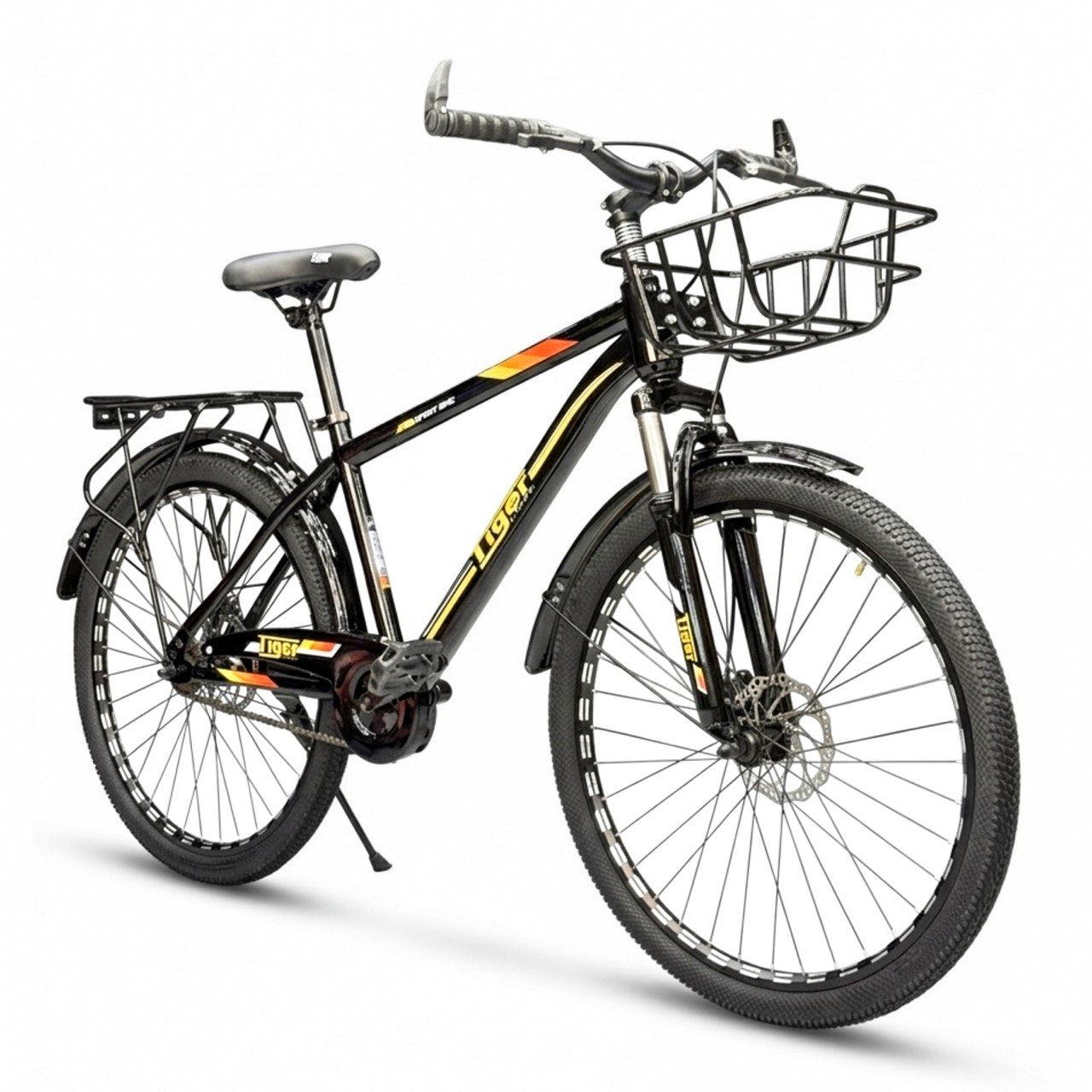 26 Inch Multi-Purpose Bicycle – Disc Brakes – Front Suspension – Front Basket & Rear Carrier – Metal Mudguards – Suitable for 150–180 cm Height Orange