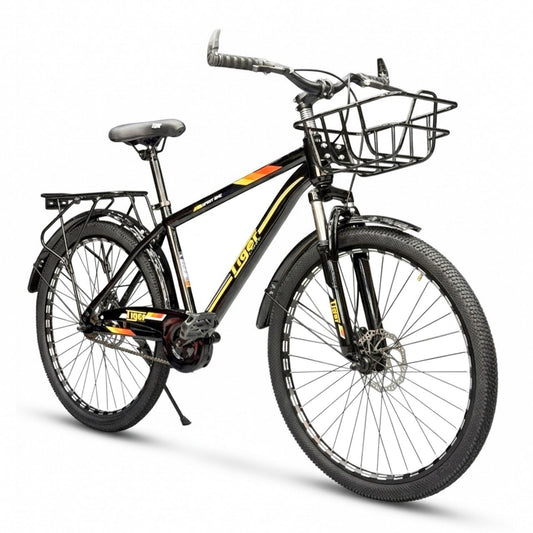 26 Inch Multi-Purpose Bicycle – Disc Brakes – Front Suspension – Front Basket & Rear Carrier – Metal Mudguards – Suitable for 150–180 cm Height Orange