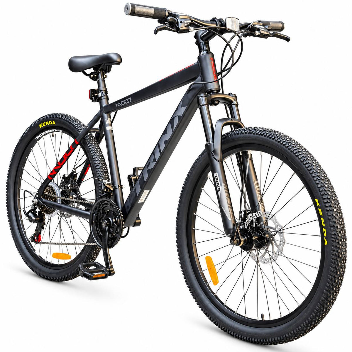 دراجة جبلية Trinx M007 مقاس 26 بوصة، إطار ألمنيوم، ناقل حركة Shimano بسرعة 21 سرعة، نظام تعليق أمامي قابل للقفل، فرامل قرص ميكانيكية 160 مم
