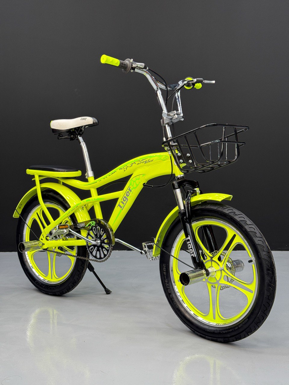 BMX Bike 20” – Strong Frame – Sport Rims – Front Basket – Rear Seat – Wide Tires Lime Green