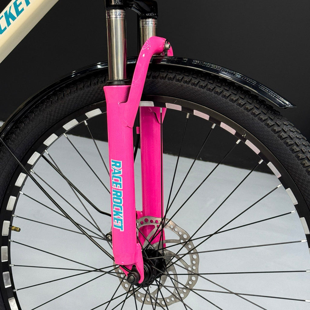 Race Rocket 26" Mountain & City Bike – 21 Speeds, Front Suspension, Disc Brakes – White & Pink (Fits 150cm to 180cm)