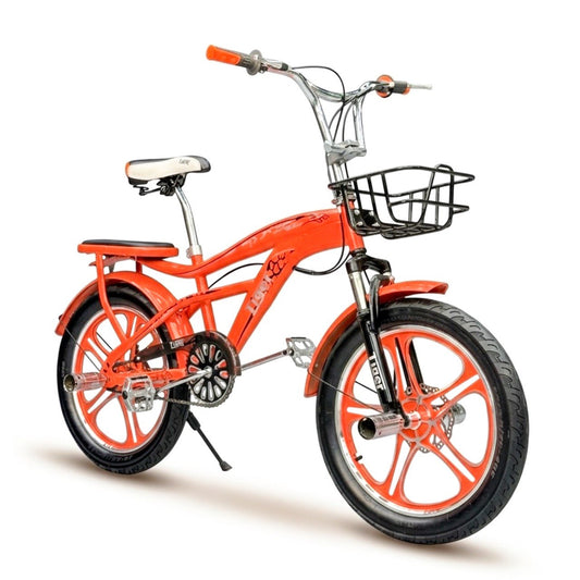 BMX Bike 20” – Strong Frame – Sport Rims – Front Basket – Rear Seat – Wide Tires Orange