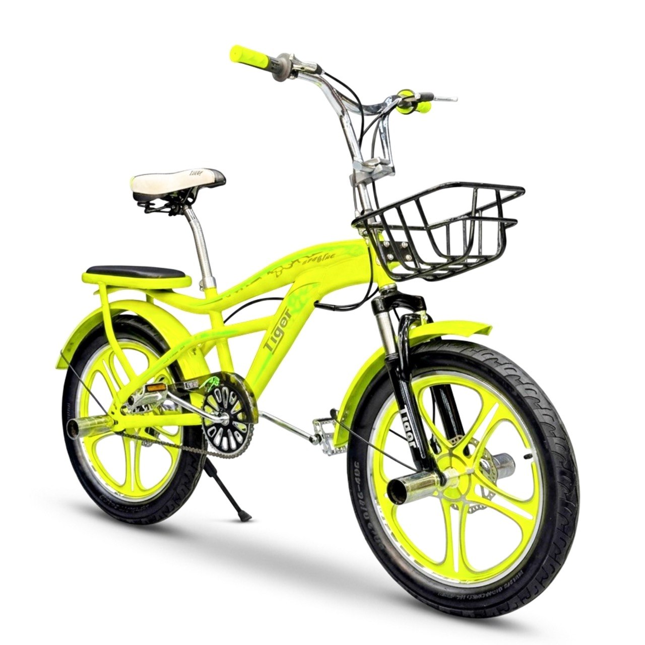 BMX Bike 20” – Strong Frame – Sport Rims – Front Basket – Rear Seat – Wide Tires Lime Green