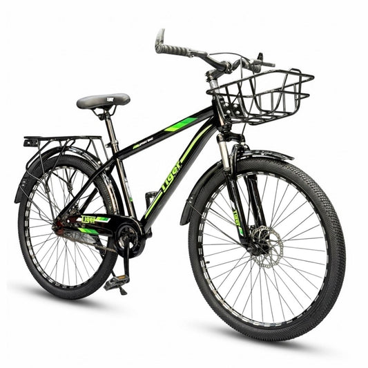 26 Inch Multi-Purpose Bicycle – Disc Brakes – Front Suspension – Front Basket & Rear Carrier – Metal Mudguards – Suitable for 150–180 cm Height Green