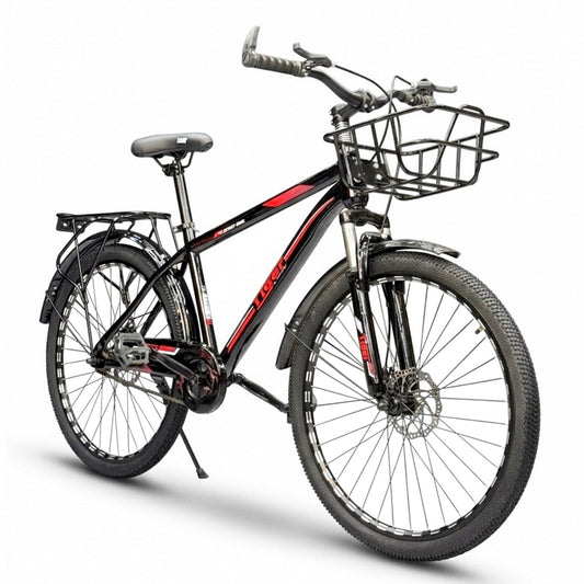 26 Inch Multi-Purpose Bicycle – Disc Brakes – Front Suspension – Front Basket & Rear Carrier – Metal Mudguards – Suitable for 150–180 cm Height Red