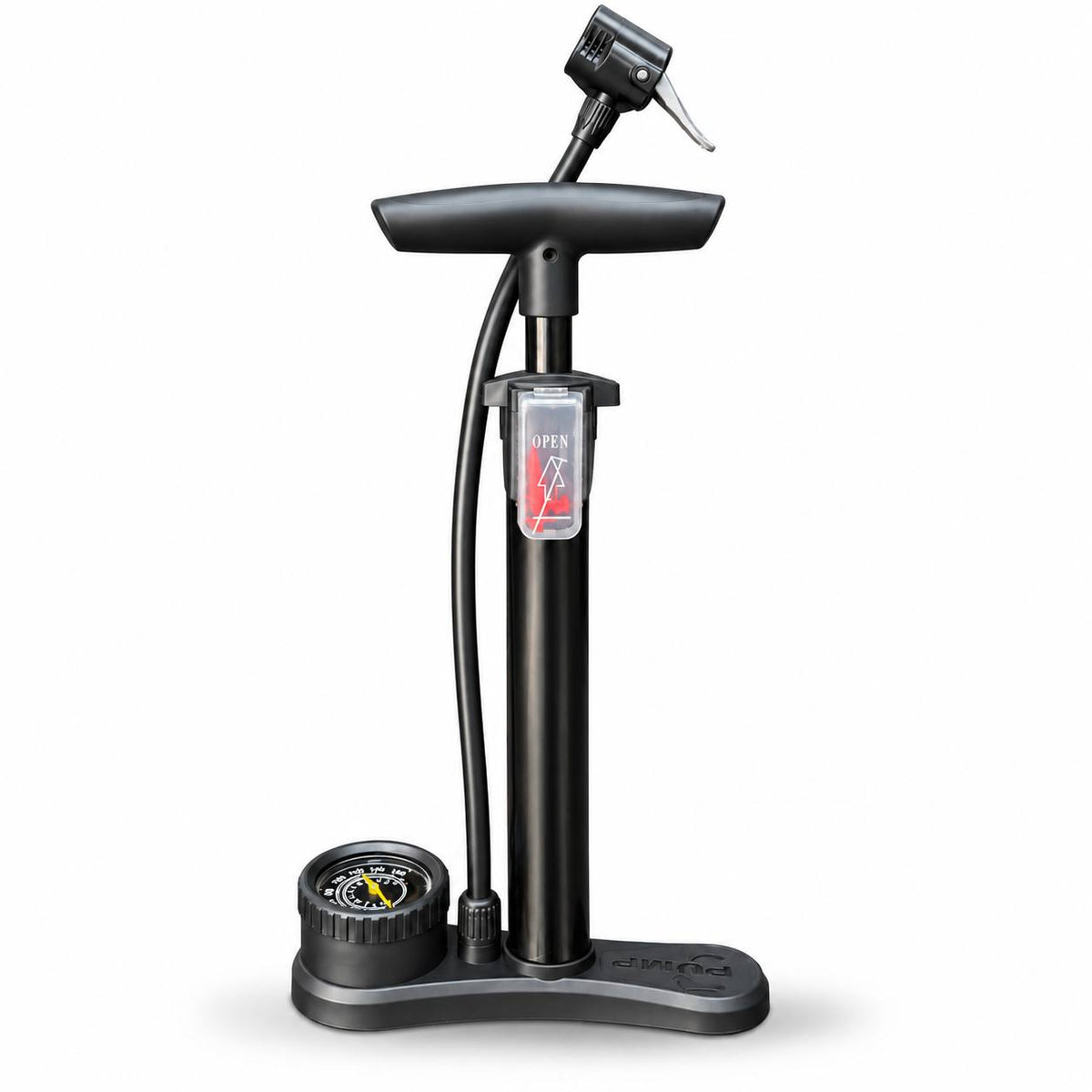 Medium-sized floor bicycle pump with a gauge.