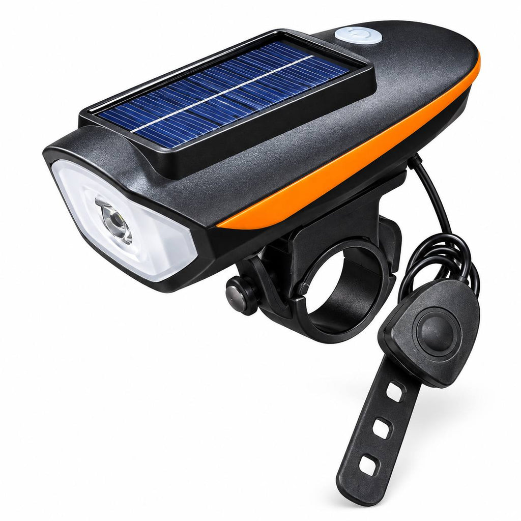 Solar-powered bicycle headlight and horn