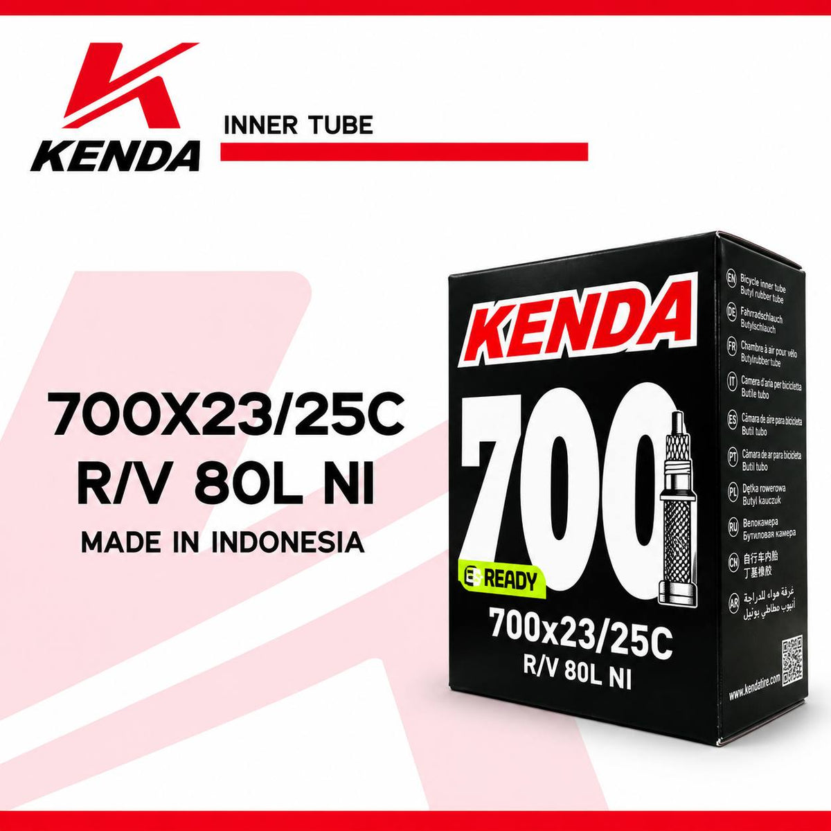 أنبوب داخلي لإطارات الدراجات KENDA مقاس 700×23/25C مع صمام بريستا (Presta) قابل للفك بطول 80 مم – صُنع في إندونيسيا