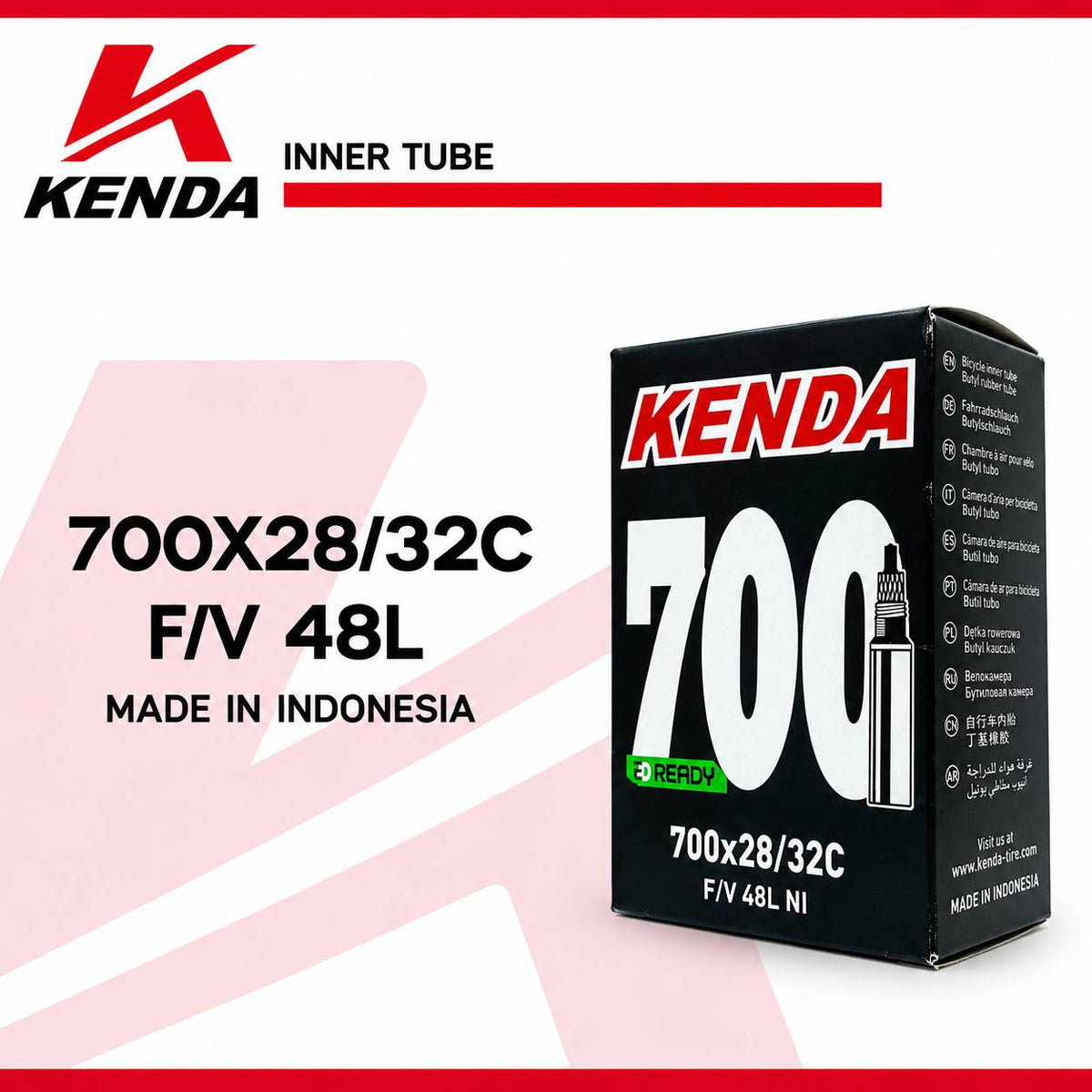 أنبوب داخلي لإطارات الدراجات من KENDA مقاس 700×28/32C مع صمام بريستا (Presta) مقاس 48 مم – صُنع في إندونيسيا